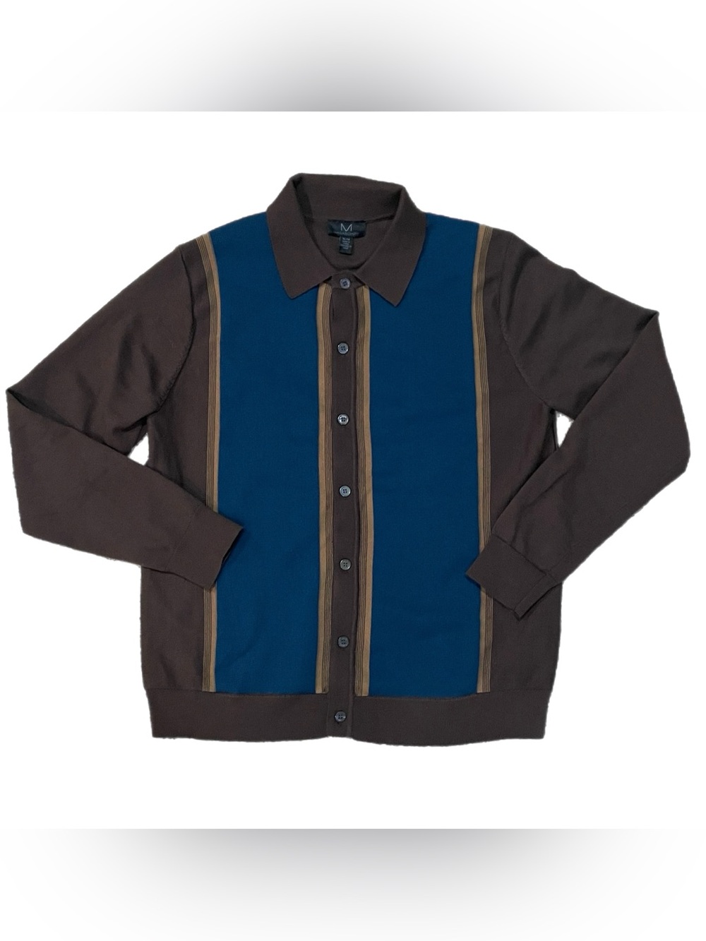 Mens Magaschoni Retro Block Brown Blue Striped Full-Placket Polo Knit Cardigan M